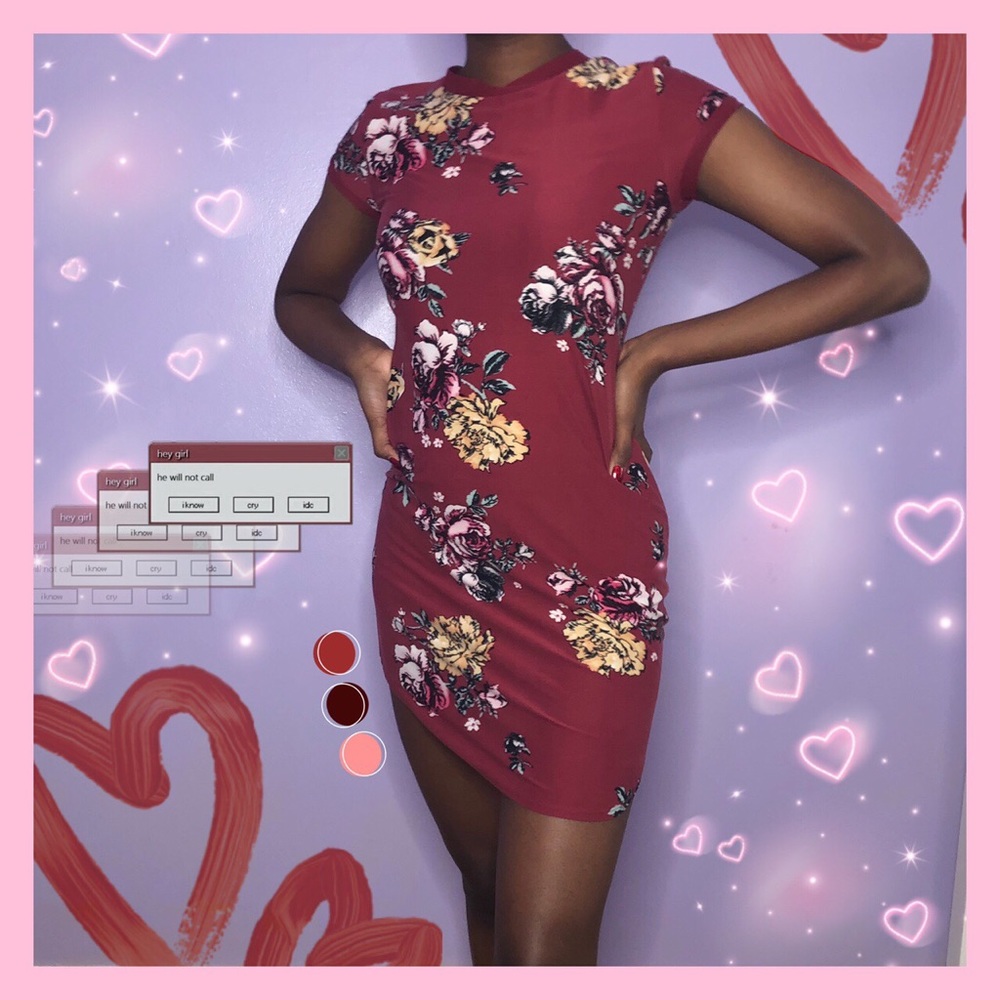 ❀ DARK RED FLORAL BODYCON DRESS ❀